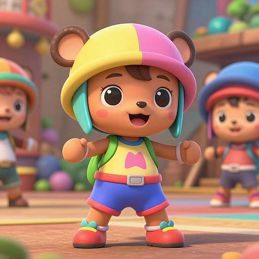 Cartoon bear child with colorful hat, yellow-green-blue shorts, red shoes, green backpack, smiling in vibrant, playful outdoor setting. CGI style.