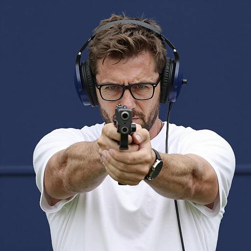 Man Aiming Handgun with Headphones