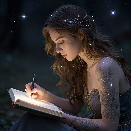 Photograph of a fair-skinned, tattooed woman with long brown hair, writing in a glowing book under a starry night sky.