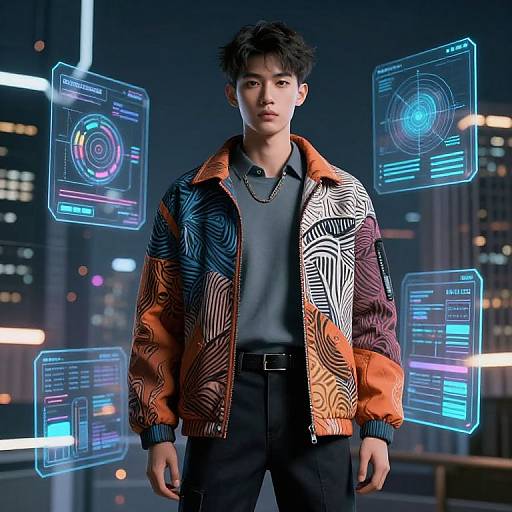 Photorealistic digital image of a young Asian man with short black hair, wearing a colorful, patterned jacket, black shirt, and pants, standing