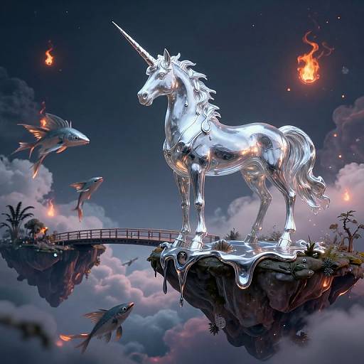 Digital artwork of a glowing, silver unicorn with a horn, standing on a rocky cliff, surrounded by flying birds and floating flames, against a dark,