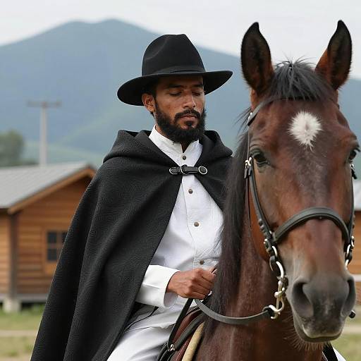 Man in Cloak with Brown Horse and Mountains
