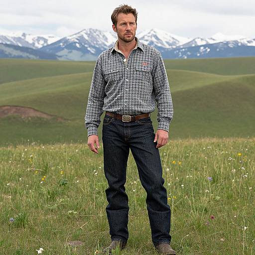 Photograph of a rugged, bearded man with short brown hair, wearing a checkered shirt and dark jeans, standing in a grassy meadow