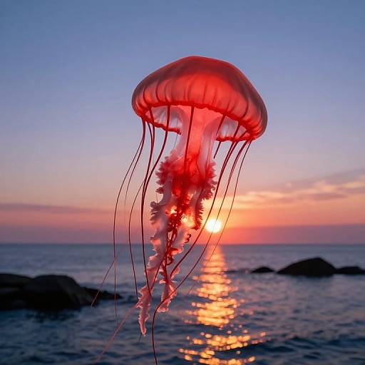 Photograph of a vibrant red jellyfish floating in the ocean during a stunning sunset, with the sun reflecting on the water's surface.