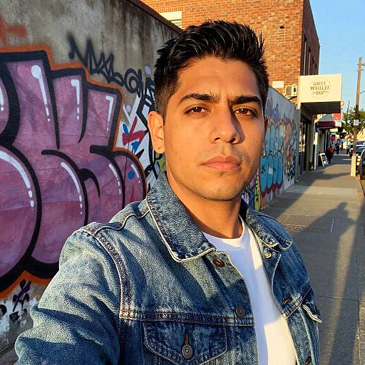Photograph of a young Latino man with short black hair, wearing a blue denim jacket over a white t-shirt, standing in front of colorful graffiti-covered