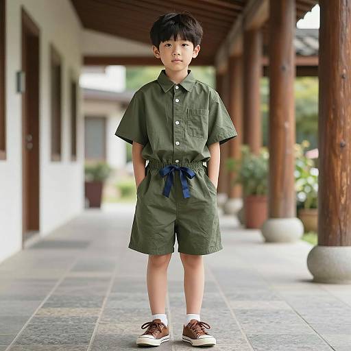 Asian Boy in Olive Green Shorts Outfit
