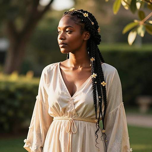 Photograph of a beautiful, dark-skinned African woman with long braids, wearing a white, floral-patterned dress and flower crown, standing in