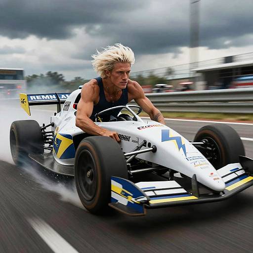 Photograph of a muscular, blonde-haired male driver in a white, blue, and yellow Renault Formula race car, speeding on a racetrack