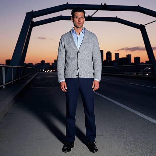 Photograph of a tall, handsome Black man with short hair, wearing a gray cardigan, white shirt, black pants, and black shoes, standing
