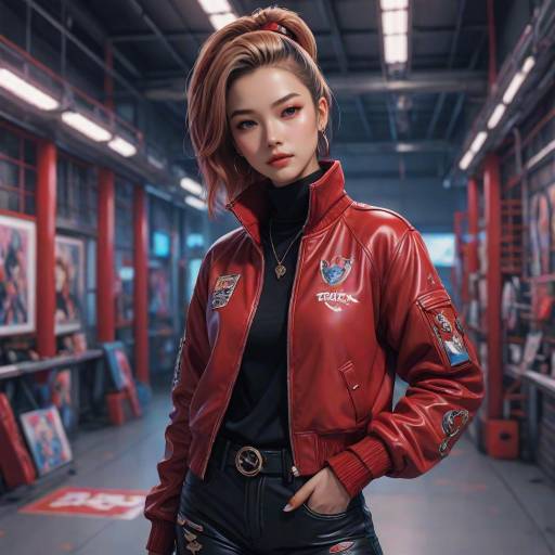 Stylish woman in red jacket and black shorts