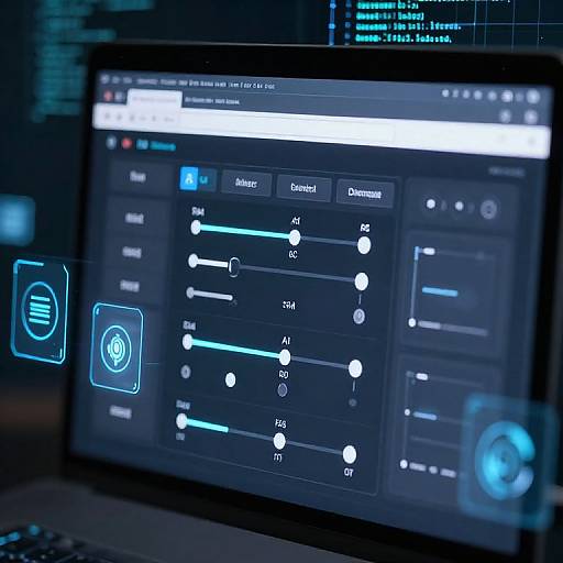 Photograph of a computer screen displaying a dark, tech-themed interface with blue neon icons, sliders, and settings against a blurred, illuminated background.