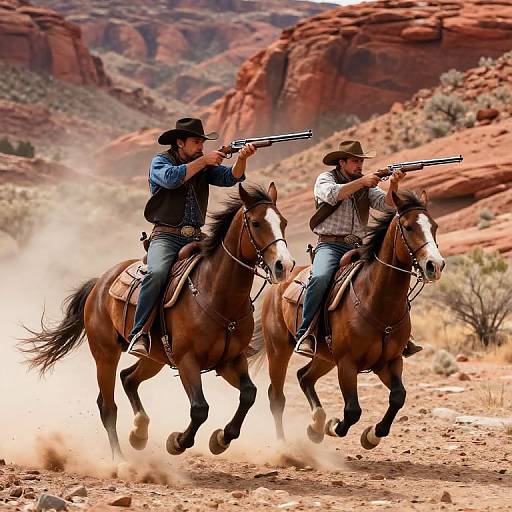 Photograph of two cowboys in hats and vests, riding brown horses, firing guns in a dusty, red-rock canyon landscape.