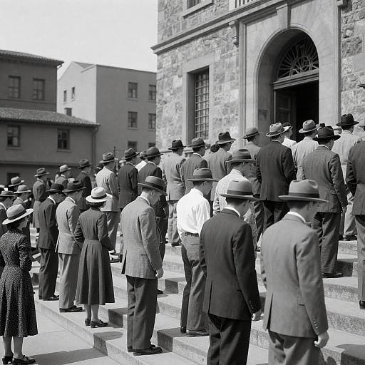 Vintage Crowd on Stone Steps Outside Building