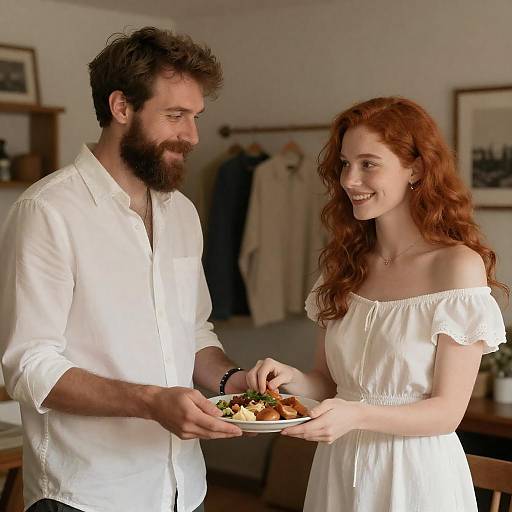 Man Serving Woman Plate of Food in Cozy Room