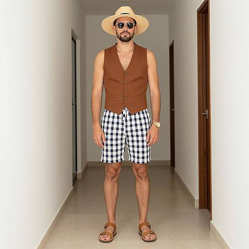 Photograph of a bearded man in a tan sunhat, brown vest, black-and-white checkered shorts, tan sandals, and sunglasses, standing