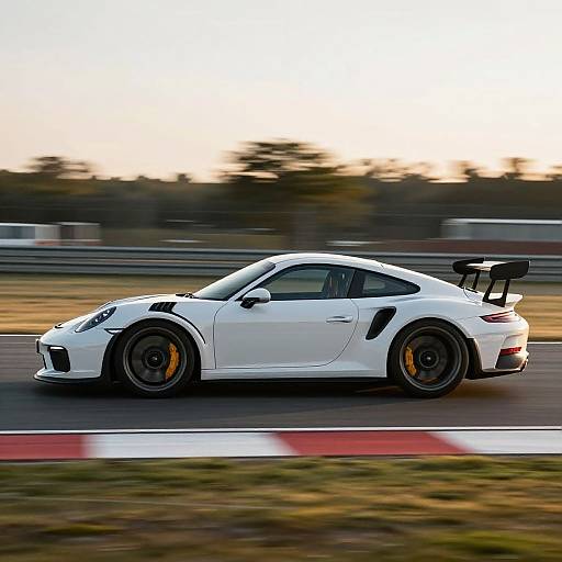Photograph of a white Porsche 911 GT3 with black wheels and a rear spoiler, racing on a track at sunset.