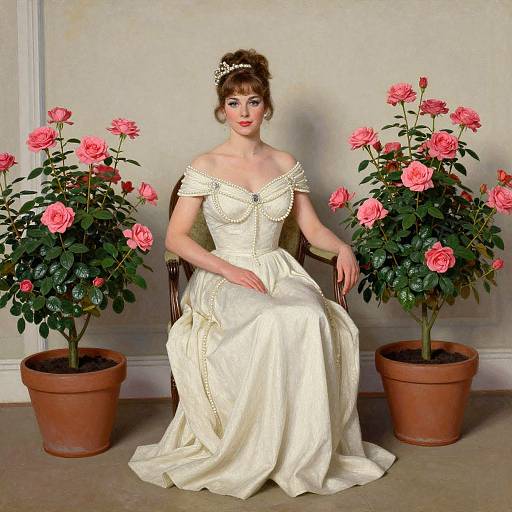 Photograph of a fair-skinned woman with brown hair in an updo, wearing an off-shoulder, cream satin wedding dress, seated between