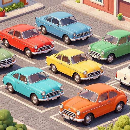 Bright, digital illustration of a parking lot with six vintage cars in vibrant colors—red, blue, yellow, green, orange, and turquoise—park