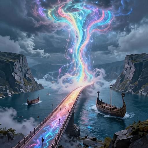 Digital artwork of a glowing, ethereal bridge connecting two rocky mountainous shores, with colorful, swirling lights and Viking ships.