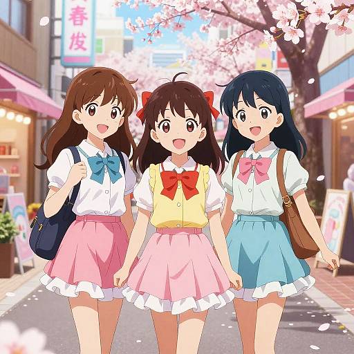 Anime-style drawing of three cheerful girls walking down a cherry blossom-lined street, wearing white shirts and colorful skirts, with backpacks.
