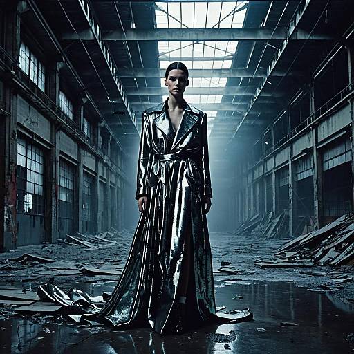 Androgynous Model in Metallic Coat in Industrial Warehouse