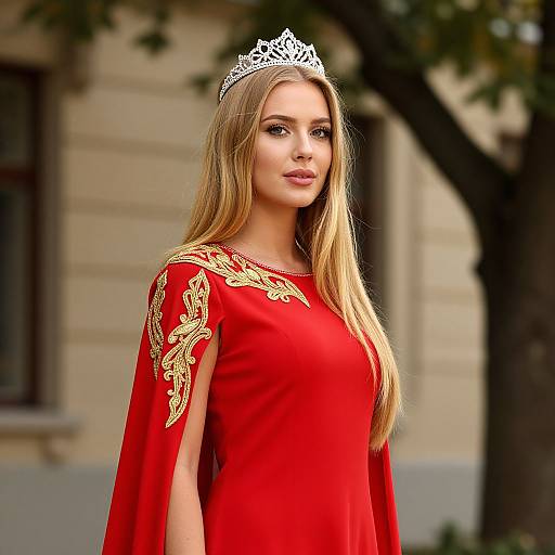 Regal Woman in Embroidered Red Dress