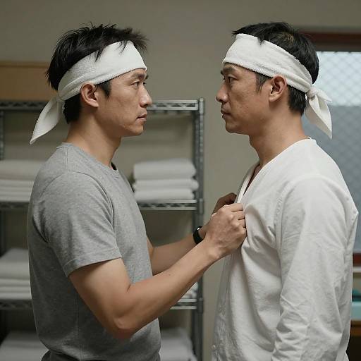 Two Men Facing Each Other in Towel Room