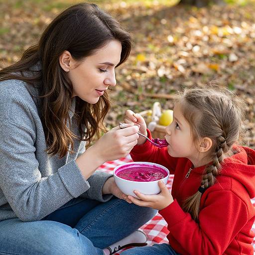 Photograph of a woman with long brown hair in a gray sweater feeding her young daughter with braided hair a spoonful of purple berries from a white