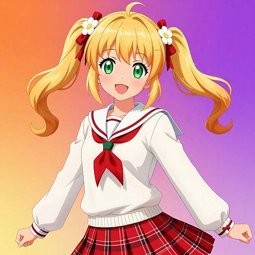 Anime-style digital drawing of a blonde girl with green eyes, twin pigtails, white sailor top, red bow, and plaid skirt, smiling