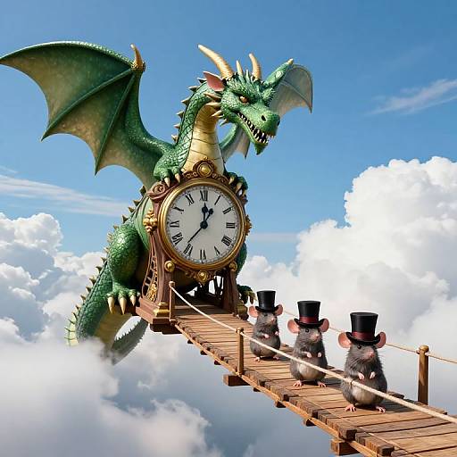 Digital illustration of a green dragon with gold horns and wings standing on a wooden bridge, surrounded by three penguins in top hats, above fluffy clouds and