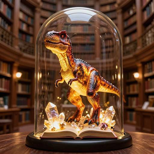 Photograph of a glowing, detailed red-orange dinosaur figurine under a glass dome, standing on illuminated crystals, in a dimly lit, circular library