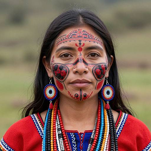 Photograph of a young Indigenous woman with dark hair, red face paint, colorful earrings, and traditional red dress with bead necklaces. Blurred green