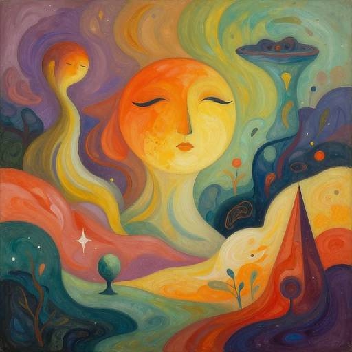 Vibrant, surreal painting of a sun-faced entity with closed eyes, surrounded by swirling, colorful landscapes with abstract trees and a glowing moon.