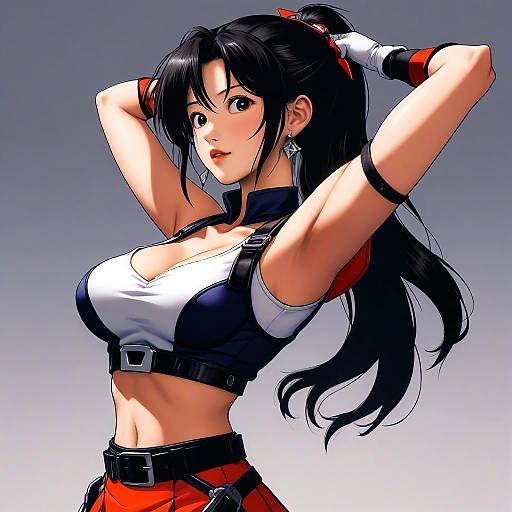Digital anime-style drawing of a busty, black-haired woman with red eyes, wearing a white and black crop top, red skirt, and black gloves,