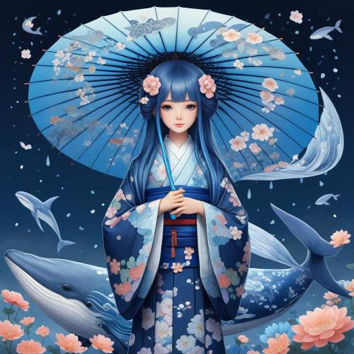 Whimsical Blue Hair Girl in Kimono