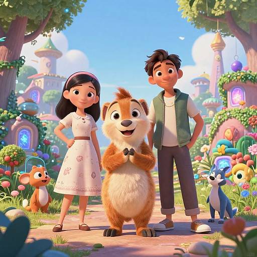 CGI image of a cheerful girl in a white dress, a boy in a green vest, and a cute, fluffy tan bear standing in a vibrant