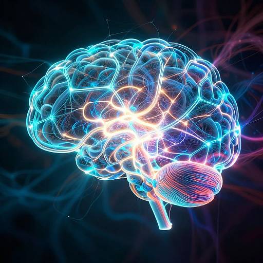 Digital artwork of a glowing, neon blue and white brain with radiant light effects, set against a dark, cosmic background.