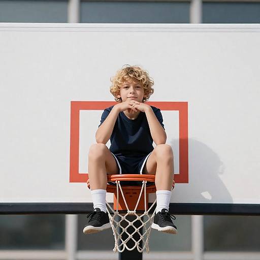 Young Boy Sitting on Basketball Hoop