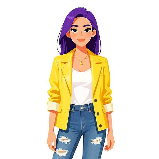Digital illustration of a young woman with purple hair, wearing a yellow jacket, white tank top, and ripped blue jeans, standing against a white background.