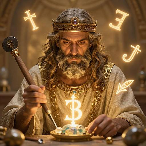 Photograph of an elderly, bearded king with long, gray hair, wearing a gold crown and ornate robe, holding a scepter, surrounded