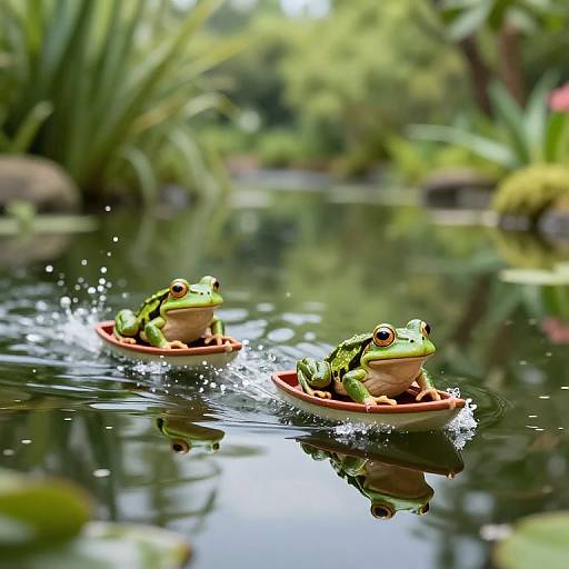 Photograph of two green frogs in small orange boats, splashing in a reflective, lush garden pond with blurred greenery background.