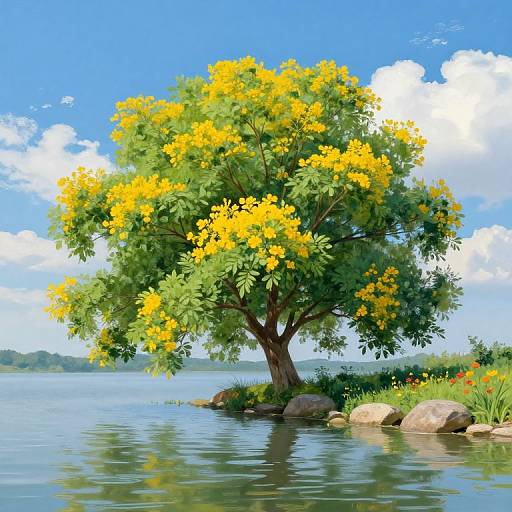 Vibrant Tree by Water Scene