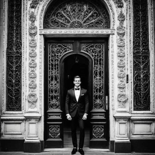 Stylish Man in Black Suit by Ornate Door