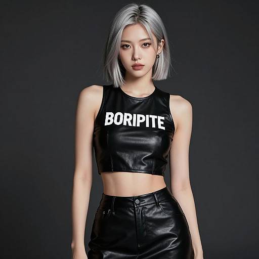 Confident woman in black leather outfit