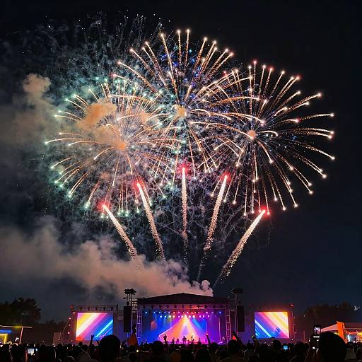 Photograph of vibrant fireworks exploding above a brightly lit, multi-colored stage at night, with silhouetted audience members in the foreground.