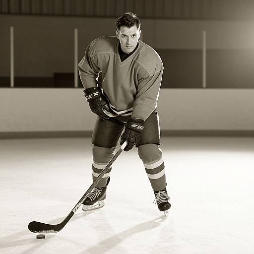 Black-and-white photograph of a serious male ice hockey player in full gear, crouching, holding a stick, on an ice rink.