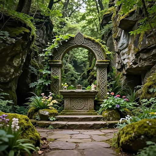 Photograph of a lush, moss-covered forest garden with an intricately carved stone archway, floral arrangements, and stone steps, surrounded by vibrant green