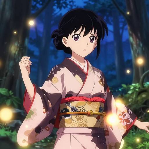 Anime-style digital illustration of a black-haired girl in a white and black floral kimono with a red obi, surrounded by glowing fireflies in a