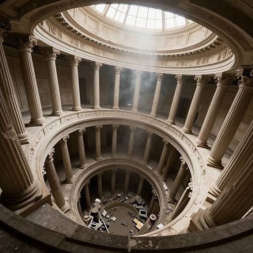 Photograph of an ancient, sunlit, multi-tiered Roman amphitheater with tall, worn columns, circular architecture, and scattered furniture on the