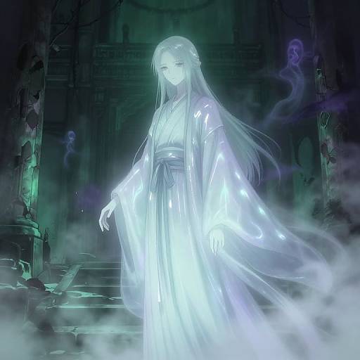 Ethereal Anime Ghost in Abandoned Temple